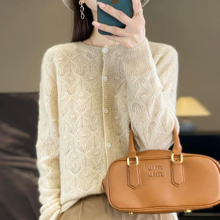 100纯羊毛开衫女春新款圆领镂空针织衫上衣宽松洋气薄款毛衣外套