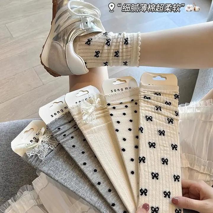 灰色袜子女春秋新款中筒袜花边高颜值棉袜透气防臭堆堆袜秋冬长袜
