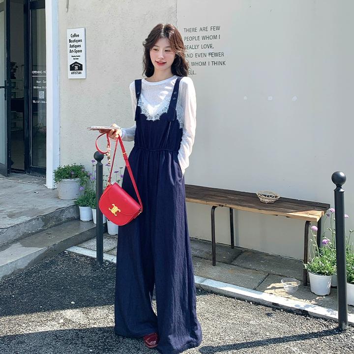 休闲气质蕾丝拼接背带裤套装女春秋2025新款两件套独特漂亮学院风