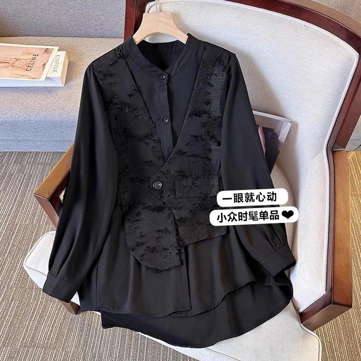 微胖妹妹大码2025春季新款中式国风衬衫女中长款衬衣马甲假两件潮