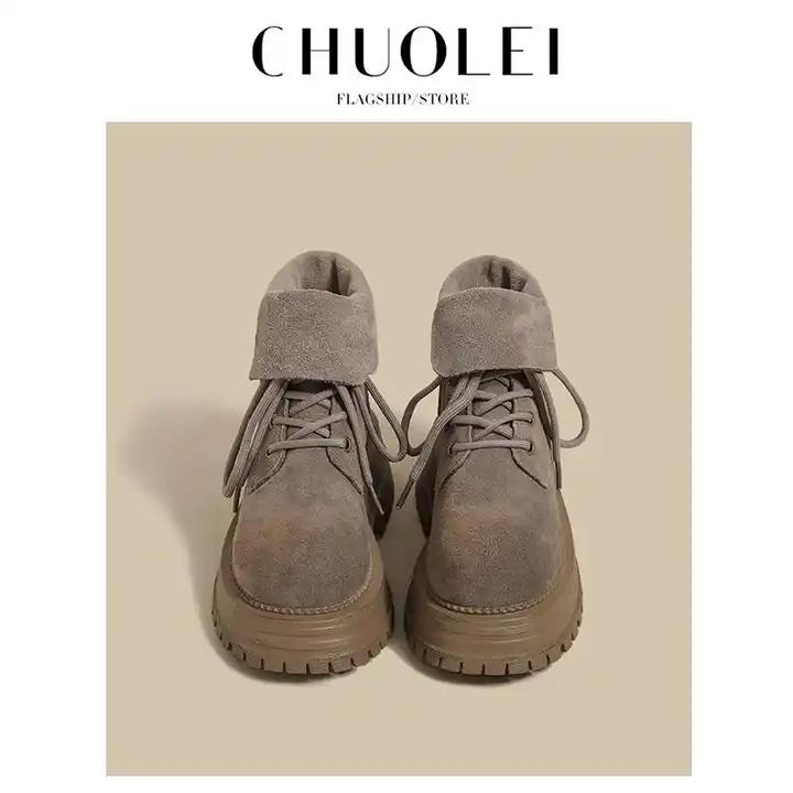 正品厚底马丁短靴女2025春秋季新款小个子增高灰色系带英伦风单靴