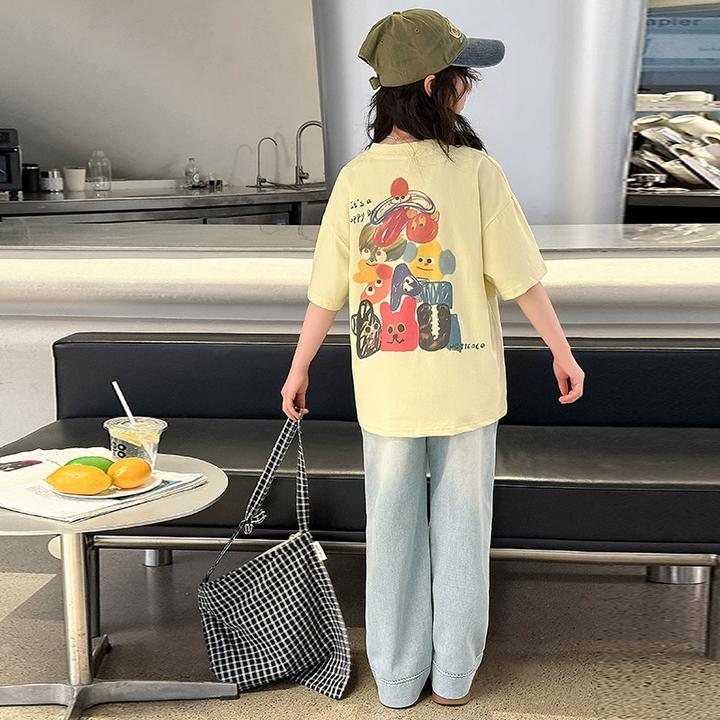 女大童网红卡通T恤套装夏装休闲2025新款初中女孩学生短袖t牛仔裤