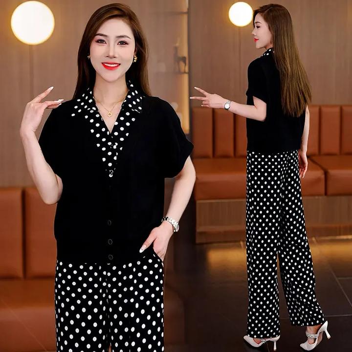 夏季时尚套装短袖宽松薄款显瘦气质波点假两件上衣直筒裤两件套