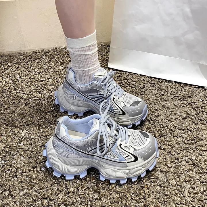 啄木鸟厚底增高拼色老爹鞋女2025年夏季新款透气网面时尚百搭运动