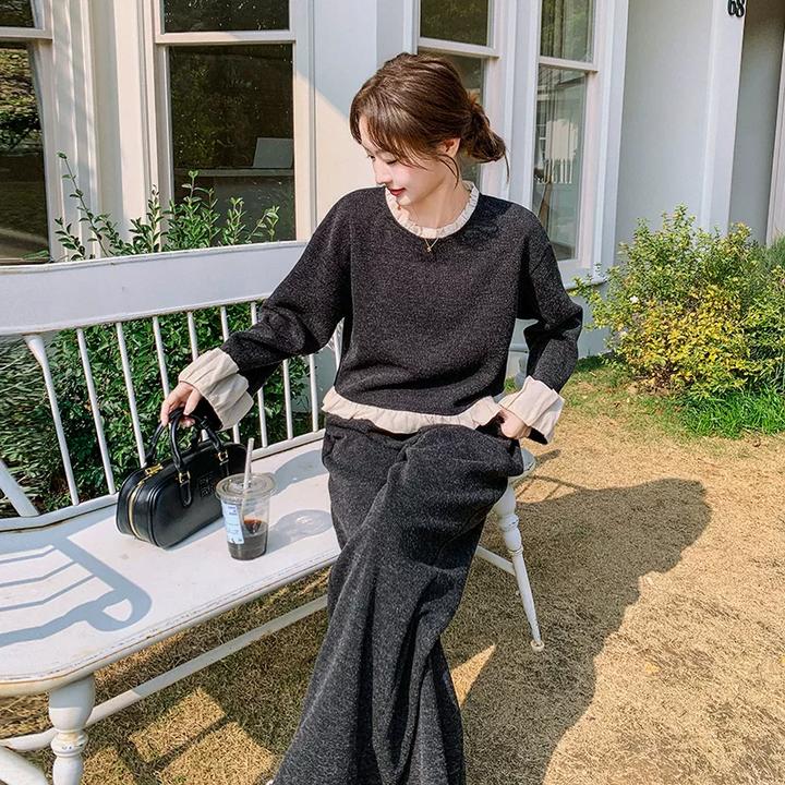 法式一整套小香风蕾丝拼接套装女2025春季小个子显瘦阔腿裤两件套