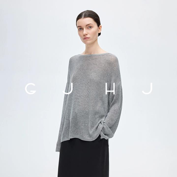 现货 gjhj天丝亚麻珠片纱一字领罩衫宽松轻奢法式时尚针织衫女T恤