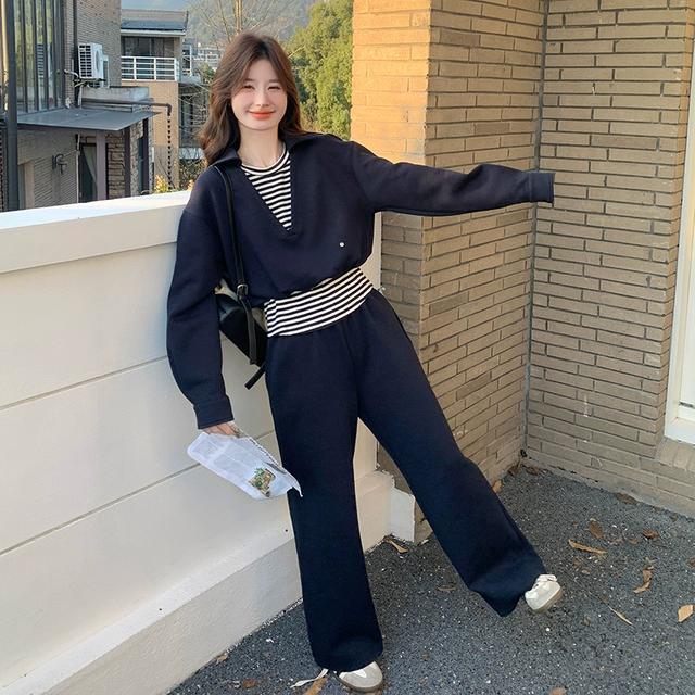 氛围感减龄套装女2025春季新款设计感假两件卫衣高腰阔腿裤两件套