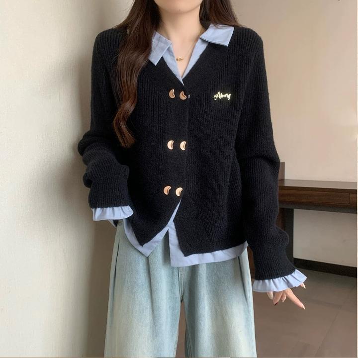 微胖妹妹大码2025春季新款假两件POLO领长袖针织衫女减龄别致上衣