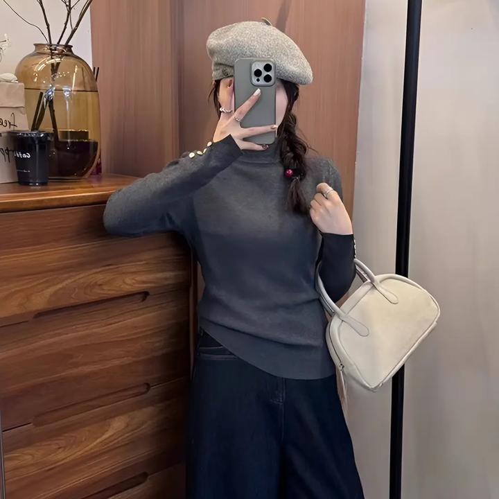 2025秋冬新款韩版简约百搭纽扣半高领针织衫毛衣女内搭打底衫上衣