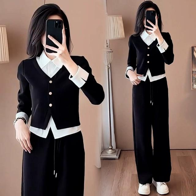 休闲运动套装女2024秋季新款时尚洋气减龄假两件上衣阔腿裤两件套