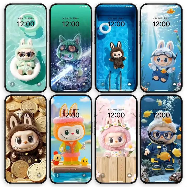 35张动态拉布布labubu泡泡玛特Zimomo游泳 苹果锁屏壁纸安卓
