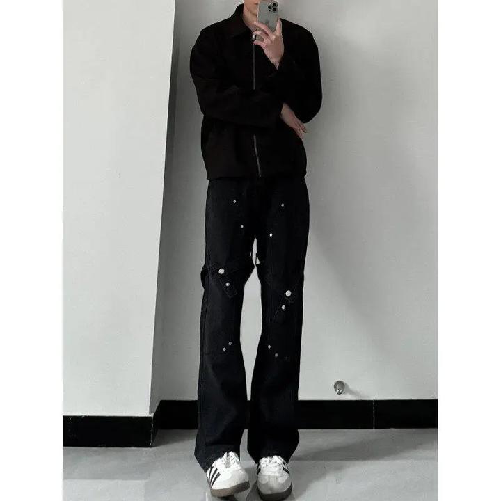 美式vibe风铆钉绑带牛仔裤男款春夏直筒修身显瘦高街设计感微喇裤