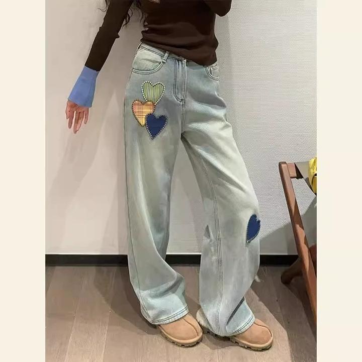 春秋新款小个子休闲宽松阔腿直筒裤高腰显瘦爱心刺绣蓝色牛仔裤女