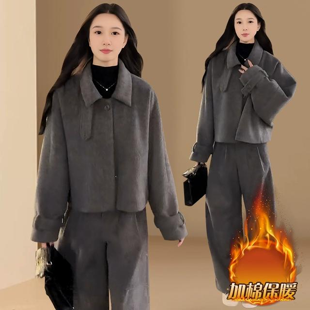 高级感时尚小香风毛呢套装女士秋冬加厚保暖新款外套阔腿裤一整套