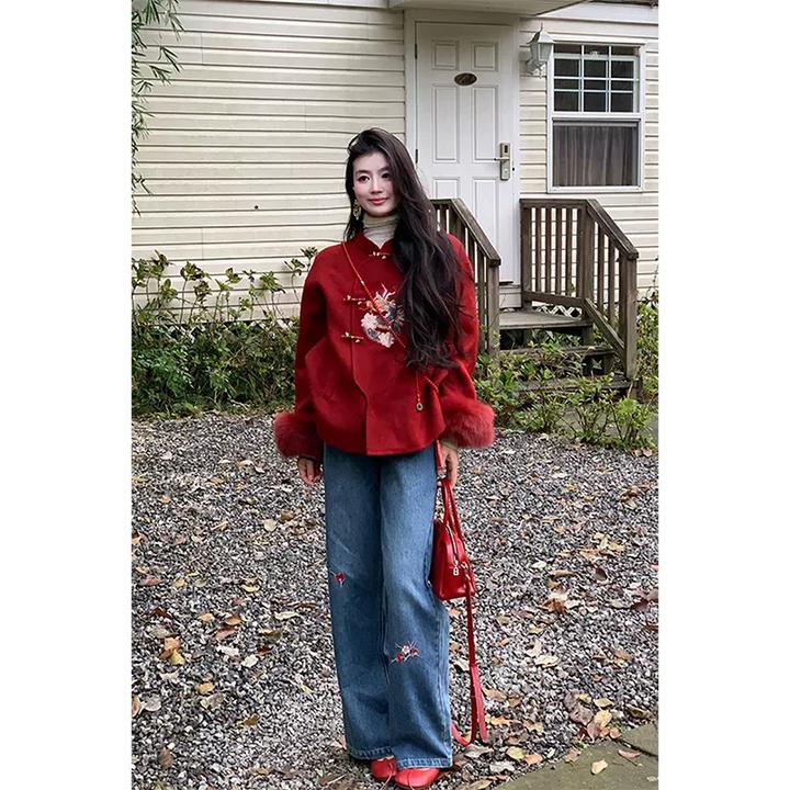 新中式百搭显瘦阔腿拖地裤子女2024新款气质设计感刺绣直筒牛仔裤