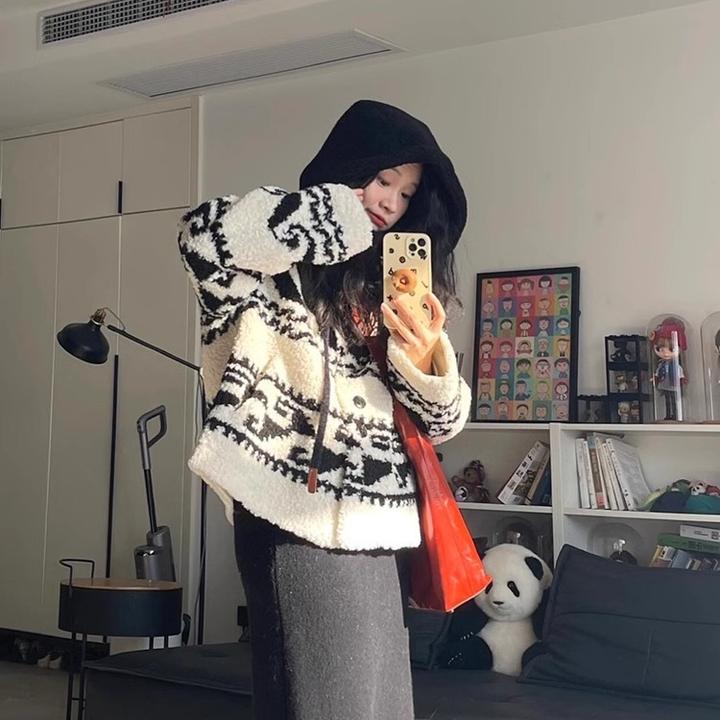 设计感连帽复古外套女2024秋季新款加绒加厚小个子毛毛绒上衣外套