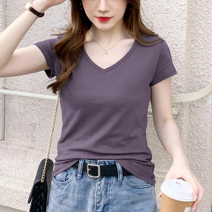 修身V领t恤女短袖春夏百搭韩版洋气鸡心领半袖紫色上衣2025年新款