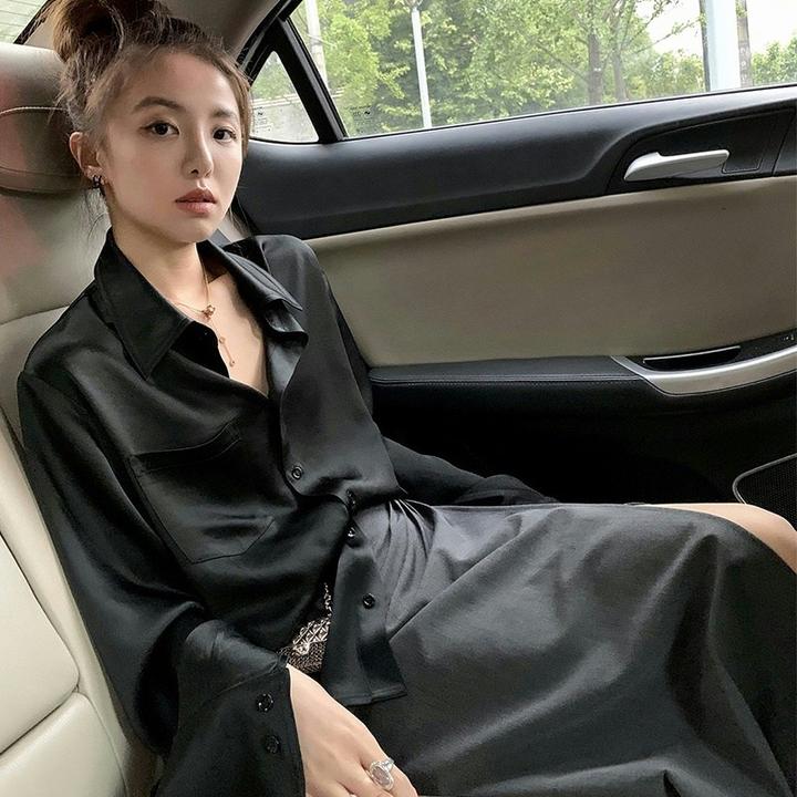 醋酸缎面衬衫女垂感2024年新款秋冬黑色打底内搭叠穿丝绸绸缎衬衣