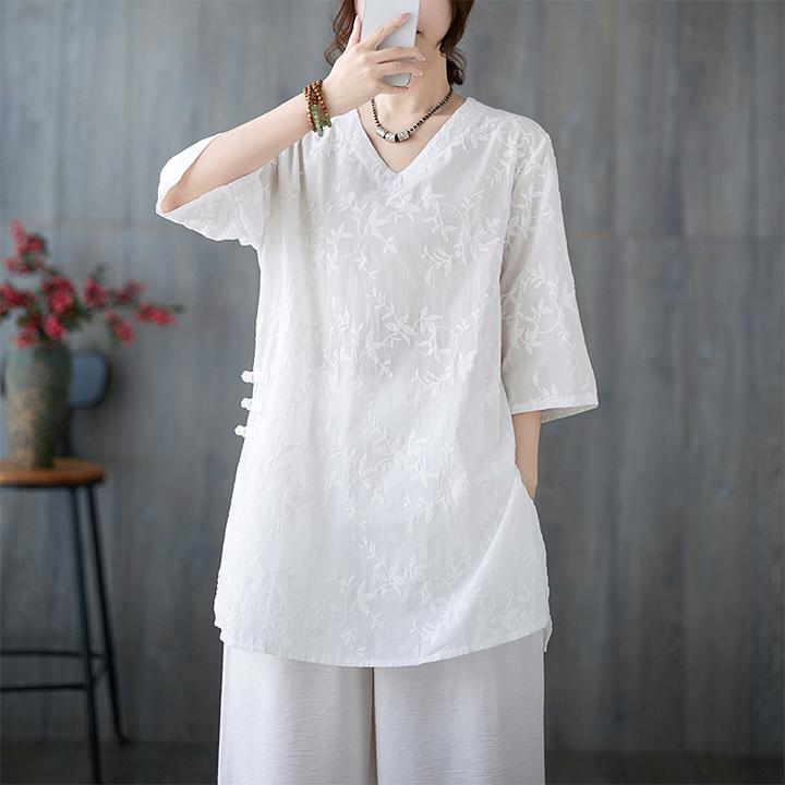 大码新中式棉麻衬衫女士中长款夏季宽松国风刺绣小衫高端亚麻上衣
