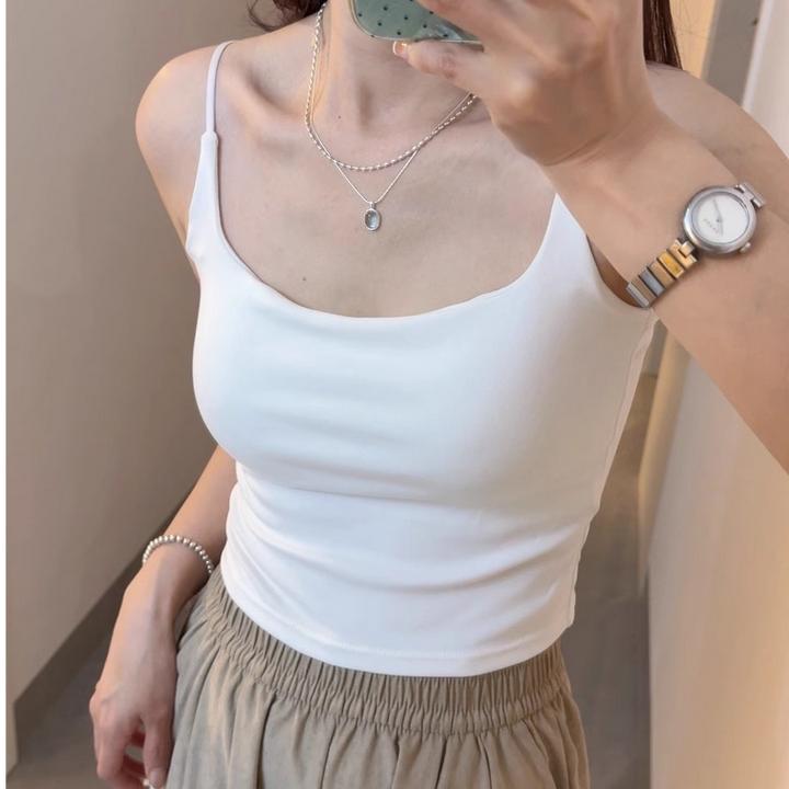 辣妹春夏季新款吊带背心女时尚自带胸垫简约纯色修身显瘦打底上衣