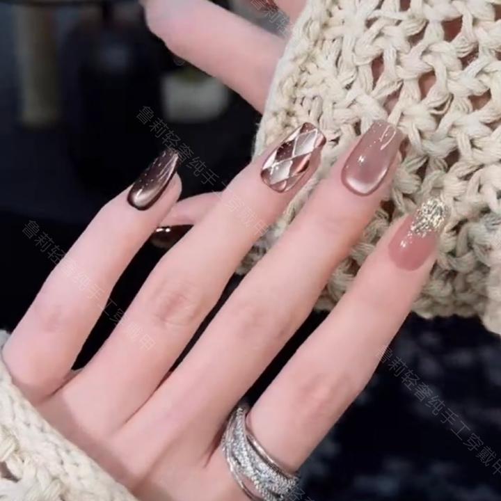 【复古菱格】纯手工穿戴甲猫眼玻璃珠秋冬高级感格纹镶钻鲁莉穿戴甲