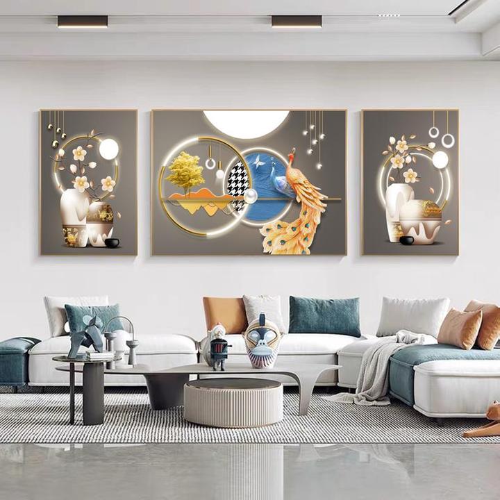 新款客厅装饰画沙发背景墙挂画壁画墙画三联现代简约晶瓷画孔雀
