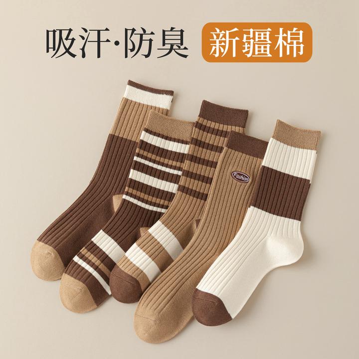 美拉德风袜子条纹女款春秋冬款纯棉中筒袜吸汗防臭咖色堆堆袜无骨