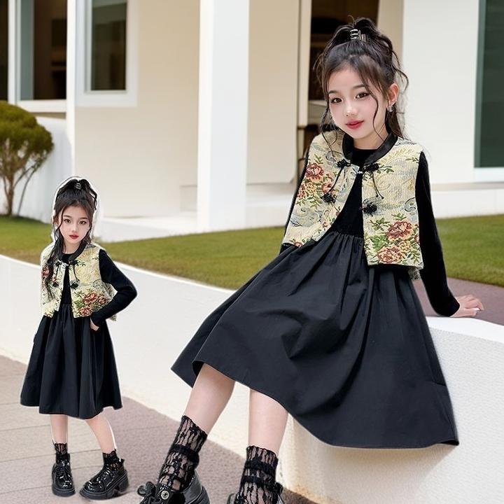 女童套装儿童连衣裙春秋款洋气女孩中式国风马甲中大童唐装两件套
