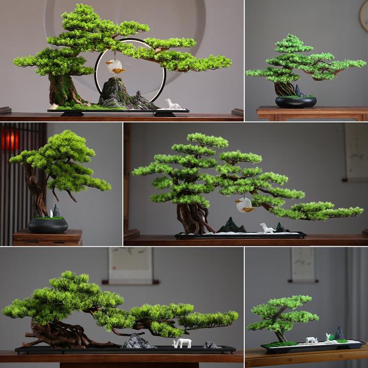 仿真绿植新中式迎客松盆景摆件客厅玄关样板房酒店实木软装饰品