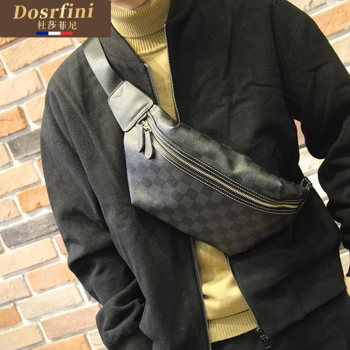 AEAH高档品牌真皮男斜挎包胸包单肩包时尚潮流揹包格子复古小包男