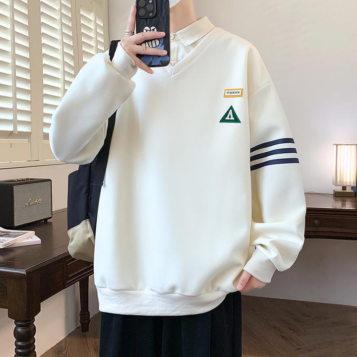 春秋季新款青少年学生潮流男生假两件翻领宽松卫衣上衣长袖打底衫