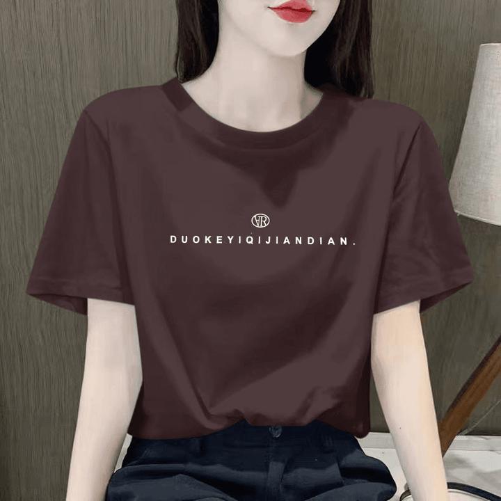 欧货咖啡色短袖t恤女2025夏季新款圆领显瘦正肩宽松遮肉上衣2