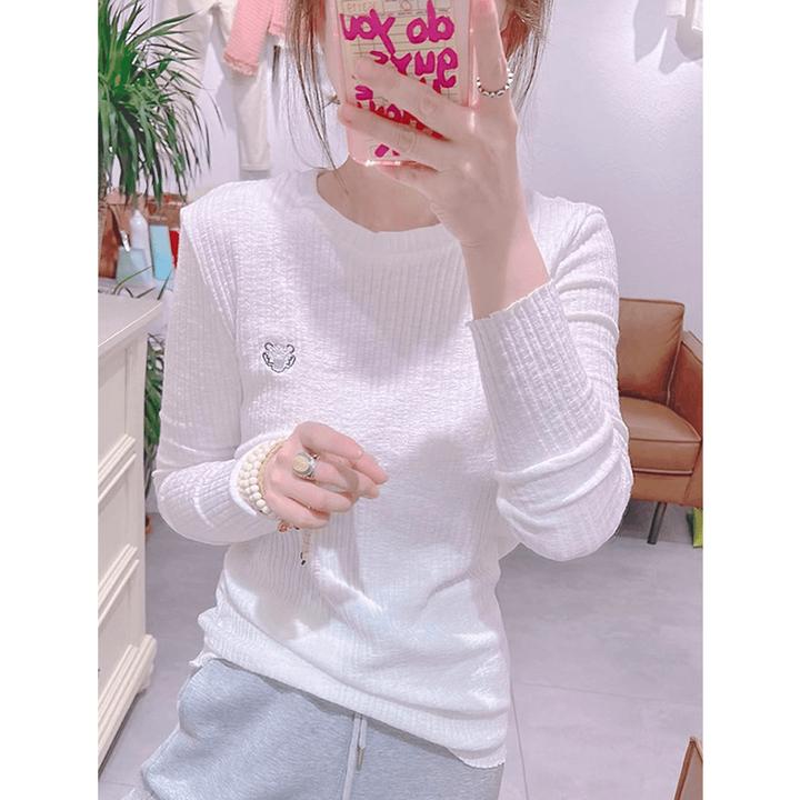 欧货纯色刺绣虎头长袖T恤女2025春秋新款休闲百搭简约设计感