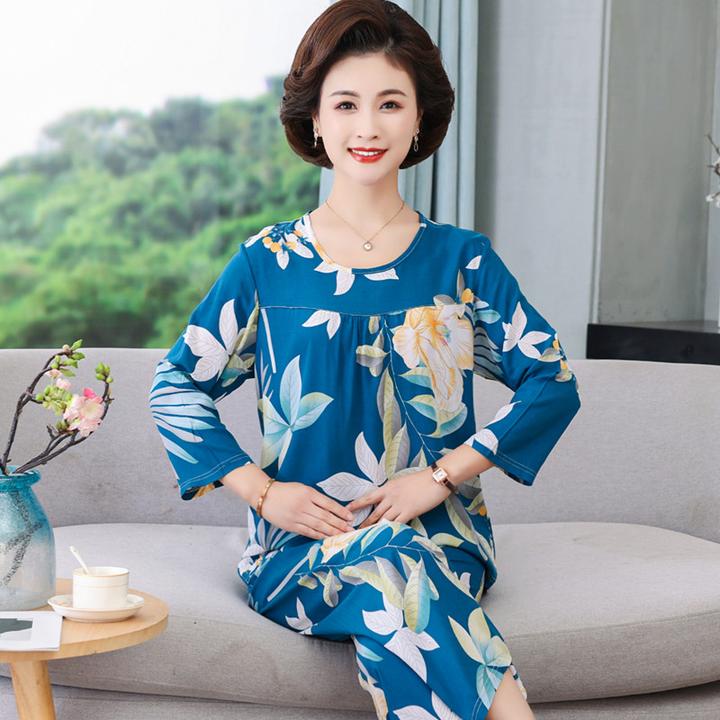 棉绸妈妈装中老年人睡衣女夏季薄款长袖人造棉套装绵绸休闲春秋季