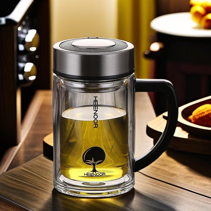 希诺双层玻璃杯办公杯带盖创意透明水杯男女士过滤茶杯6721/9321