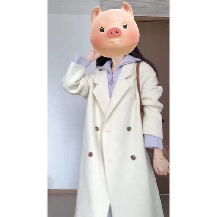 韩系白色呢子大衣女秋冬季高级感毛呢外套拉链针织连衣裙两件套装