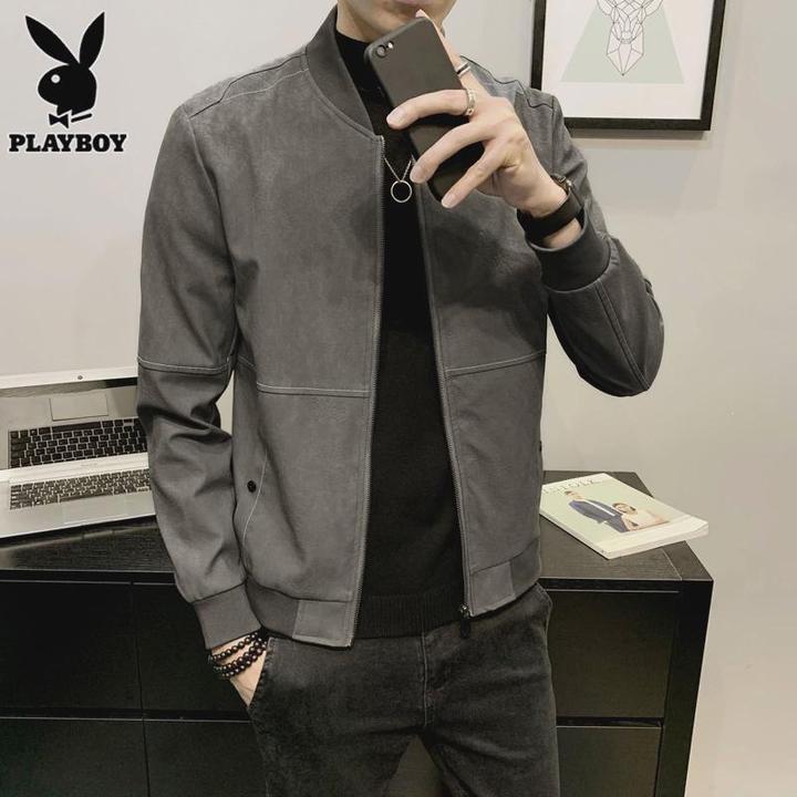 花花公子皮衣男士棒球领外套春秋季休闲美式高级感机车服皮夹克男