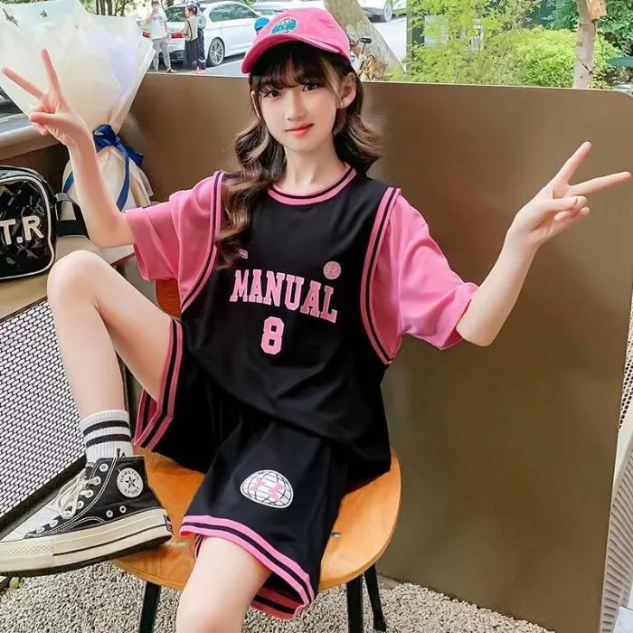 女童夏季运动套装新款短袖短裤两件套女生宽松透气篮球服儿童装