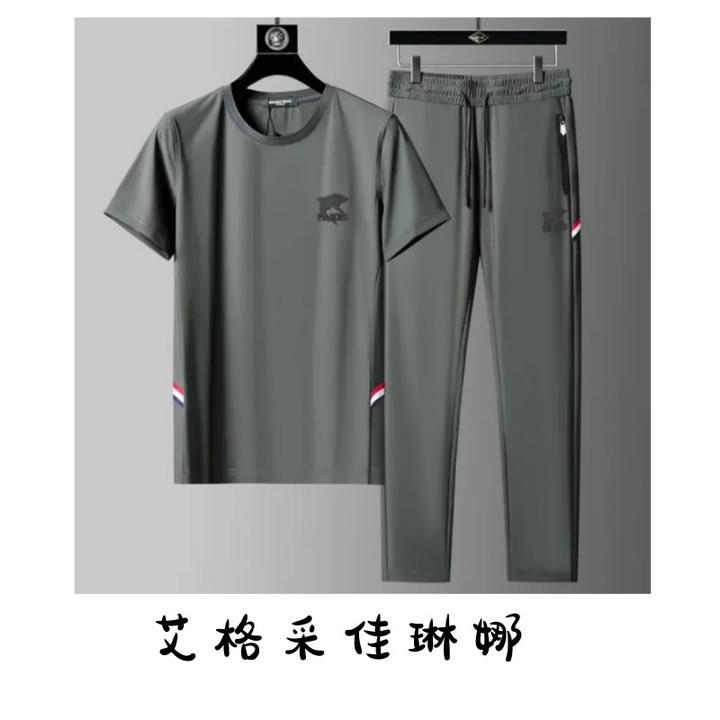 香港高端丝滑弹力冰丝短袖t恤两件套 男士夏季薄款速干运动服套装