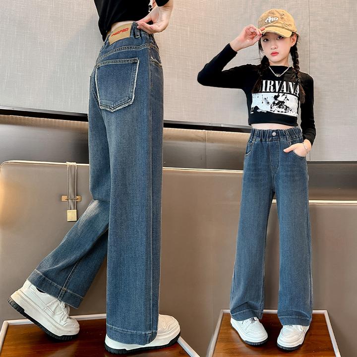 女童裤子春秋款2025新款儿童直筒牛仔裤外穿女大童秋装窄版阔腿裤