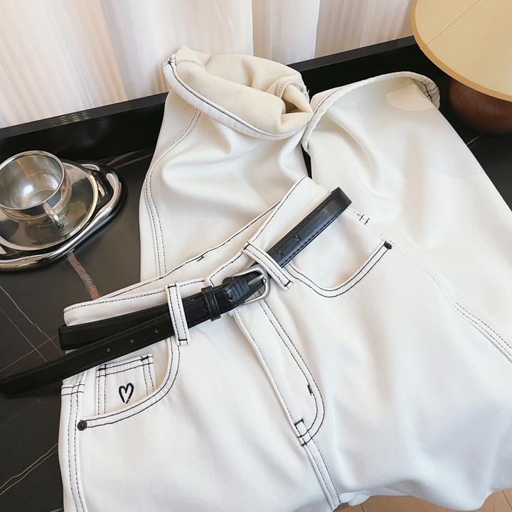 含腰带婴儿绒加厚高腰爱心刺绣阔腿宽松窄版直筒牛仔长裤子女