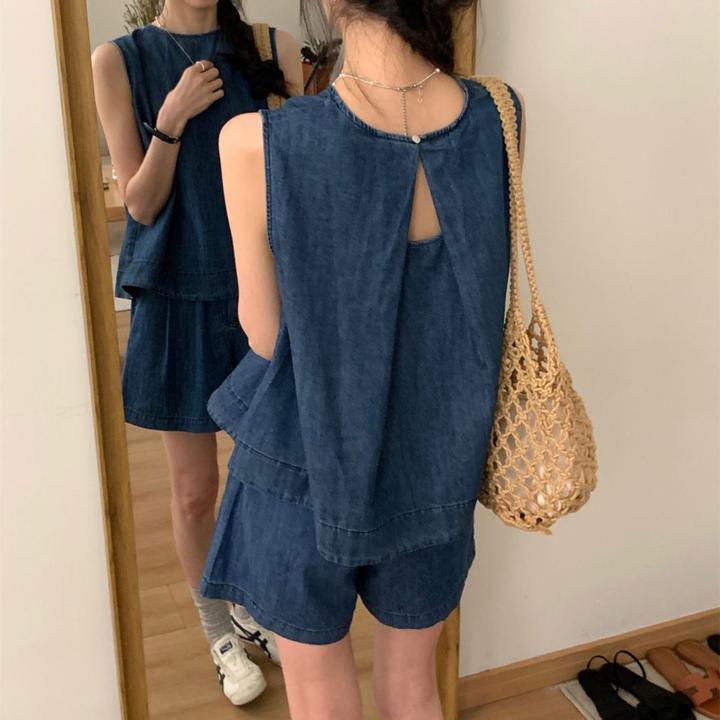 一整套女夏装新款森系设计感小个子牛仔背心上衣阔腿短裤两件套装