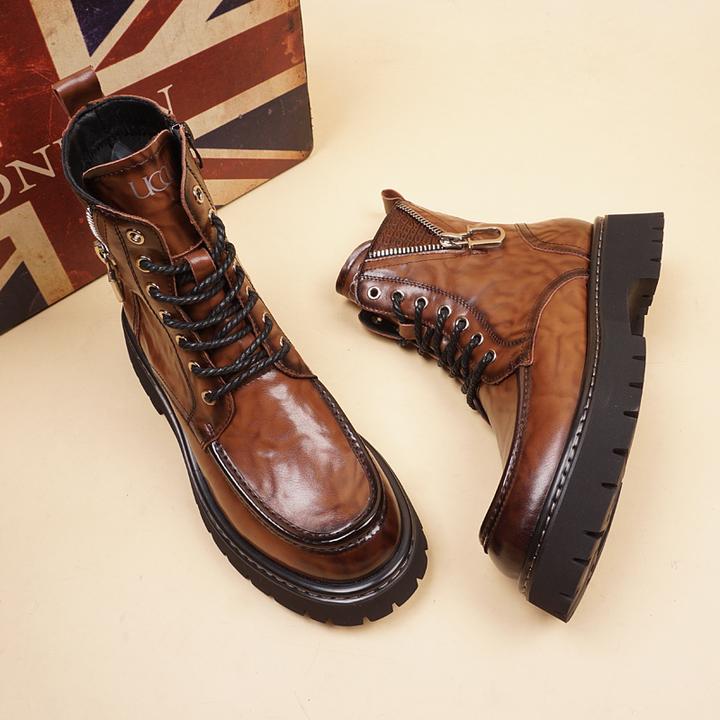 男士潮流真皮保暖马丁靴秋冬季新款中帮英伦户外靴厚内增高皮靴子