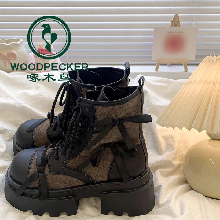 啄木鸟厚底增高甜酷蝴蝶结马丁靴女秋冬季新款百搭英伦风配裙短靴