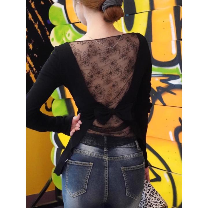 纯欲风黑色内搭打底衫长袖T恤女2024新款春秋蕾丝露背辣妹上衣潮