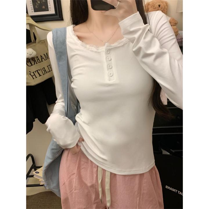 秋冬绝美纯欲蕾丝花边显瘦打底衫女内搭长袖T恤锁骨正肩方领上衣