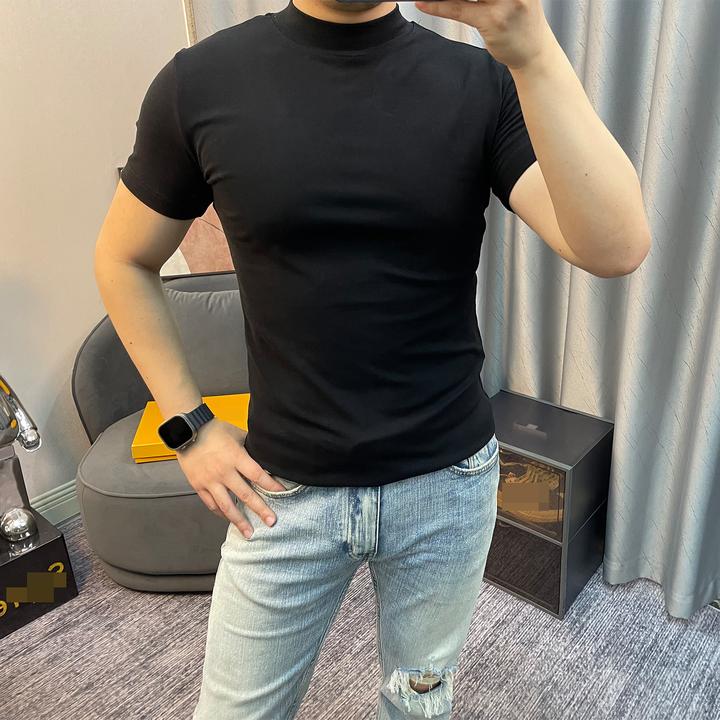 【RONG TAI】夏季修身律动莫兰迪小领口韩版弹力纯色圆领百搭短袖T