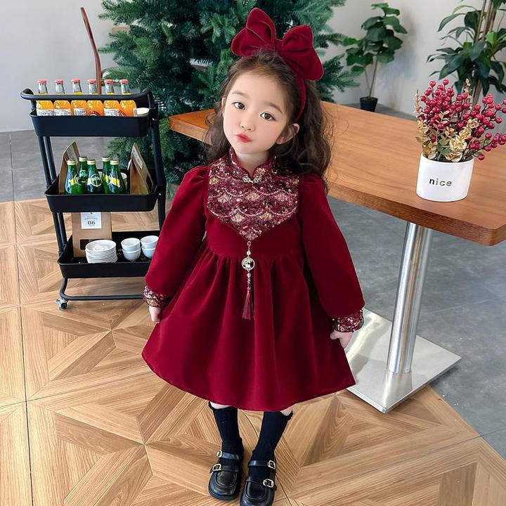 女童连衣裙秋冬2024新款儿童过年拜年服冬季新年宝宝亮片红色裙子