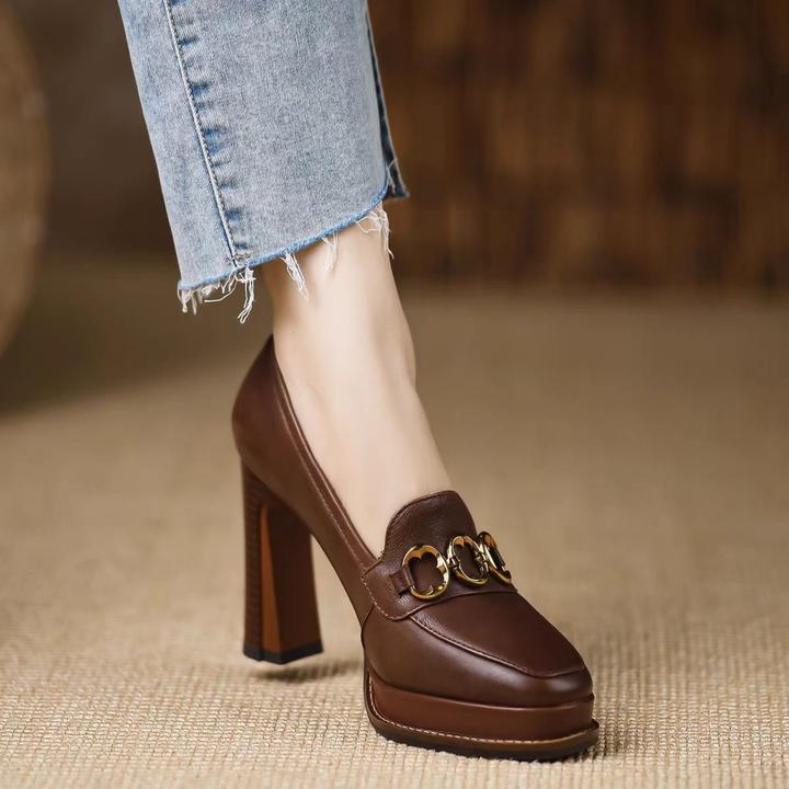 复古棕色高跟鞋女2025年春季新款时尚百搭深口防水台粗跟单鞋
