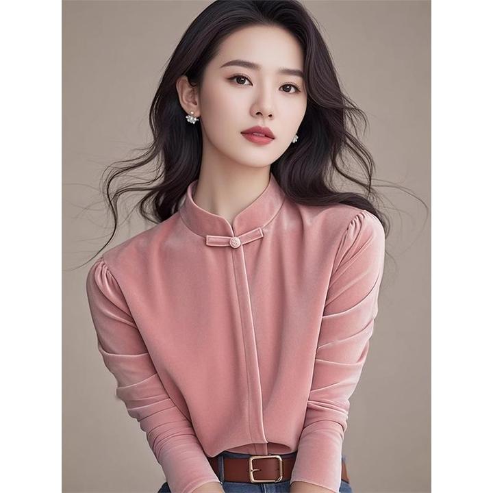 粉色高端丝绒上衣女士秋季2025新款内搭修身打底衫新中式国风衬衫